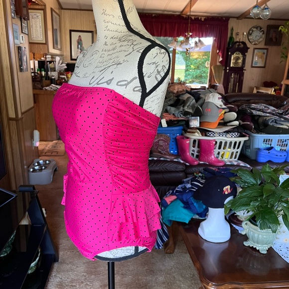 Jantzen One Piece Swimsuit Bathing Suit Strapless Ruffle Hot Pink Polka Dot 14. - Picture 15 of 16